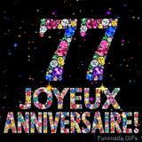 Sur un fond sombre, le chiffre 77 et Joyeux Anniversaire sont formés par des diamants multicolores, accompagnés de petites étoiles scintillantes.
