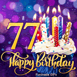 Golden number 77 and Happy Birthday script with a frosted cupcake topped with lit candles on a glowing, blurry purple lighted background.