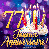 GIF d'anniversaire 77 ans avec le double chiffre 77 en or brillant, un gâteau festif et des étoiles étincelantes.