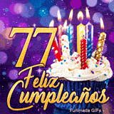 GIF de cumpleaños 77 años con el doble número 77 en oro brillante, una tarta festiva y destellos de luz.