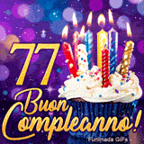 GIF di compleanno 77 anni con il doppio numero 77 in oro brillante, una torta festosa e scintillii di luce.