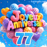 Bouquet animé de ballons lumineux se balançant doucement. Les lettres ballons 3D forment Joyeux Anniversaire au-dessus du grand chiffre bleu 77.