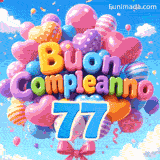 Mazzo animato di palloncini luminosi che dondolano dolcemente. Le lettere a palloncino 3D formano Buon Compleanno sopra il grande numero azzurro 77.