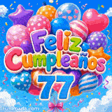 GIF de cumpleaños 77 años con el doble número 77 azul, globos de estrellas y corazones sobre un cielo brillante.