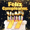 Tarjeta GIF de cumpleaños feliz de 77 años con torta y velas