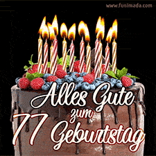 Das Geburtstags-GIF zeigt einen Schokoladenkuchen mit Beeren und Kerzen zur Feier eines 77. Geburtstags.