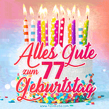 Geburtstags-GIF mit einem weißen Cremekuchen mit bunten Kerzen und Streuseln und den Worten 'Alles Gute zum 77. Geburtstag' in rosafarbenem Zierfisch.