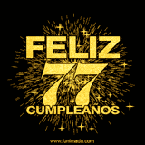 GIF animado con un diseño dorado, mostrando el número 77 rodeado de fuegos artificiales y luces que resaltan una atmósfera festiva y vibrante.