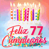 GIF animado con un pastel blanco decorado con confites y velas de colores encendidas, acompañado de la frase 'Feliz 77 cumpleaños' sobre un fondo alegre.