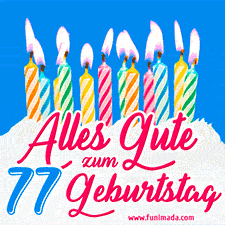 Ein buntes Geburtstags-GIF mit strahlenden Kerzen auf einer festlichen Torte zur Feier des 77.