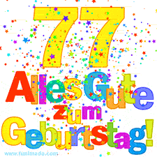 Geburtstags-GIF mit animierten bunten Sternen, der großen Zahl 77 und dem mehrfarbigen Text 'Alles Gute zum Geburtstag'.