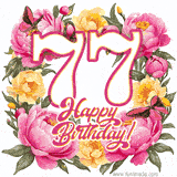 A celebratory GIF image features the animated number '77' and the words 'Happy Birthday!' surrounded by pink and yellow flowers. Two moving butterflies are included in this festive design.
