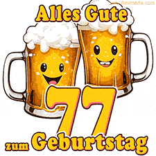 Zwei lustige Bierkrüge mit fröhlichen Gesichtern hüpfen auf und ab. Der Text lautet 'Alles Gute zum 77. Geburtstag'.