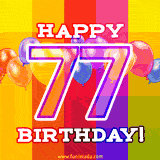 A birthday cake with lit candles is shown with colorful balloons and animated confetti.