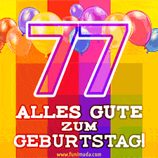 Große Zahl 35 in Umrissschrift, die Worte 'Alles Gute zum 77. Geburtstag', mehrfarbige animierte Ballons und lebendiger Hintergrund.
