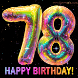 Shiny number 78 birthday celebration balloons with an iridescent glow and glitter on a black background with twinkling stars.
