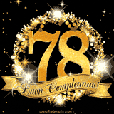 Il numero 78 è circondato da un anello dorato brillante, accompagnato da un nastro elegante con la scritta 'Buon Compleanno!' su uno sfondo scuro.