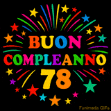 GIF animata 'Buon Compleanno 78' con lettere colorate e fuochi d'artificio