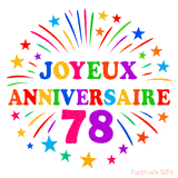 GIF animé joyeux anniversaire 78 ans avec étoiles multicolores et feu d’artifice
