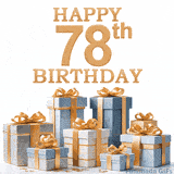 Festive animated eCard with elegant 'Happy 78th Birthday' text above a pile of luxurious blue, white, and gold gift boxes and presents.