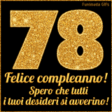 Un GIF animato per un 78° compleanno, Presenta il testo 'Buon Compleanno 78' su uno sfondo giallo vivo con palloncini colorati, festoni e una pioggia di coriandoli.