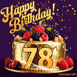 A delicious-looking animated birthday card for a 78th birthday, decorated with raspberries, blackberries, and gold details, Stars sparkle and fall, with 'Happy Birthday!' text above.