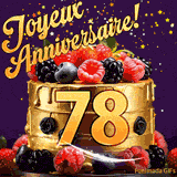 Une animation de célébration d'un gâteau de 78ème anniversaire, Des étoiles dorées tombent du ciel, mettant en valeur le texte 'Joyeux Anniversaire !' et le nombre doré 78 à l'avant du gâteau.