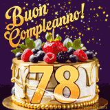 Un GIF animato di una bellissima torta per il 78° compleanno con glassa dorata e frutti di bosco freschi, Il numero dorato 78 è davanti, e stelle cadono su uno sfondo viola scuro.