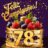 Una animación de celebración de una tarta para el 78º cumpleaños, Estrellas doradas caen del cielo, destacando el texto '¡Feliz Cumpleaños!' y el número dorado 78 en la tarta.