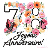 Ce GIF de Joyeux 78ème Anniversaire présente le nombre vingt rempli d'un bouquet vibrant de fleurs animées, avec des papillons qui bougent doucement sur un fond blanc.