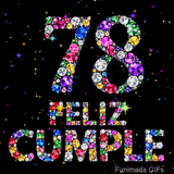 Las letras FELIZ CUMPLE y la cifra 78 se encuentran construidas de gemas brillantes multicolores, colocadas frente a fondo negro estrellado.