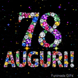 Il numero 78 e la scritta Auguri creati con gioielli brillanti di diverse tonalità su un fondo nero animato da piccole scintille di luce.