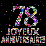 Le chiffre 78 et le lettrage Joyeux Anniversaire réalisés en joyaux éclatants de diverses couleurs sur une toile noire avec des étincelles.