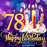 The digit 78 in gold next to a cupcake with white frosting and burning candles. Golden Happy Birthday lettering set against a purple bokeh backdrop.