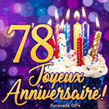 Carte animée 78 ans illustrant un cupcake aux bougies colorées illuminées et le chiffre 78 d'or sur fond lila.