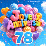 Le grand chiffre bleu 78 attaché à un grand groupe de ballons dérivants. Les lettres ballons douces épellent Joyeux Anniversaire devant un ciel nuageux.