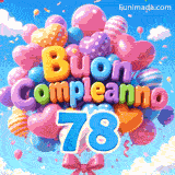 Il grande numero azzurro 78 attaccato a un grande gruppo di palloncini alla deriva. Le lettere a palloncino morbide compongono Buon Compleanno davanti a un cielo nuvoloso.