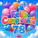 Tarjeta animada 78 años ilustrando un racimo de globos de colores con estampados y el número 78 azul en el centro.