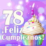 Animación de un cupcake con cobertura blanca, confites de colores, una vela encendida y el número 78 en grande sobre un fondo púrpura con luces brillantes.