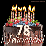 Animación de un pastel de chocolate decorado con frutas, velas encendidas y el número 78, acompañado de la palabra '¡Felicidades!' en elegante tipografía.
