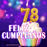 GIF animado de un cupcake decorado con confites, dos velas doradas encendidas formando el número 78, sobre un fondo púrpura brillante con destellos.