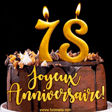GIF animé pour un 78e anniversaire avec une élégante gâteau au chocolat, des bougies dorées formant le chiffre 78 et le texte 'Joyeux Anniversaire!' en écriture dorée.
