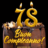 GIF animato con una torta al cioccolato decorata con crema, dettagli dorati e due candele accese che formano il numero 78. Messaggio 'Buon Compleanno' in scritta elegante.