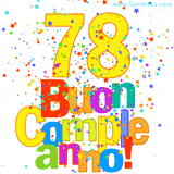 Animazione con il numero 78 in giallo e scritte multicolore 'Buon Compleanno!', accompagnate da una pioggia di stelle e coriandoli colorati.