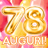 Bouquet animato di palloncini multicolori che emergono da una scatola regalo, con il numero 78 e la scritta 'Tanti Auguri!' su uno sfondo pieno di coriandoli.