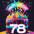 Chocolate cake with number 78 adorned with vibrant multicolored frosting, candles, and a rainbow topper