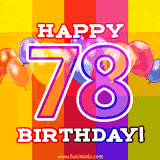 A birthday cake with lit candles is shown with colorful balloons and animated confetti.