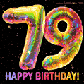 Shiny number 79 birthday celebration balloons with an iridescent glow, animated GIF