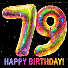 Shiny number 79 birthday celebration balloons with an iridescent glow and glitter on a black background with twinkling stars.