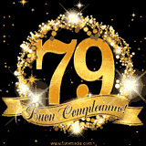 Il numero 79 è circondato da un anello dorato brillante, accompagnato da un nastro elegante con la scritta 'Buon Compleanno!' su uno sfondo scuro.